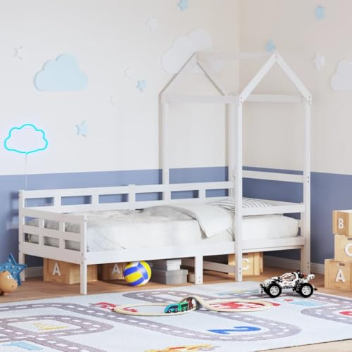 Owoxanthellate Tagesbett mit Dach Kinder 80x200 cm Massiv Kiefer Weiß Schlafsofa Gästebett Einzelbett Komplett mit Lattenrost & Stauraum für Kinderzimmer Wohnzimmer
