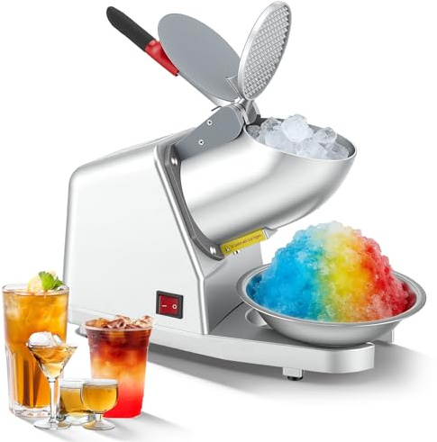 Picadora de Hielo Eléctrica Capacidad de 85 kg/h, Máquina de Hielo Picado con 2 Cuchillas, en Acero Inoxidable, 2200 RPM, para bebidas frías, batidos, para Bares, Restaurantes, Supermercados, Plateado