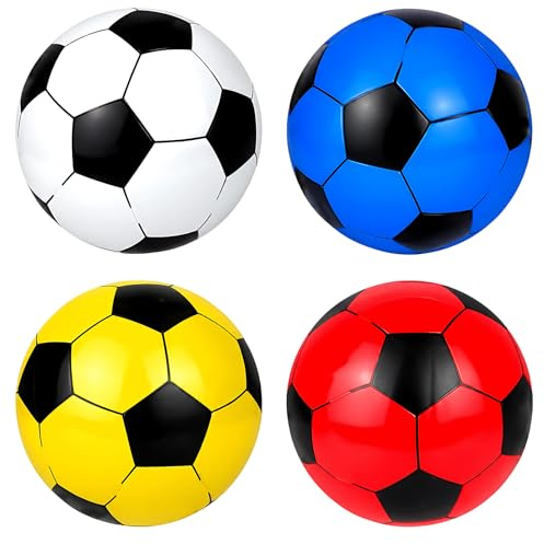 4Pcs Inflatable Football, Footballs Multipack Set, Colourful Balls in Black White Yellow Blue Red for Garden and Beach