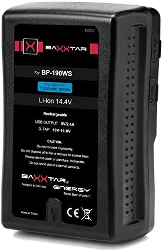 Baxxtar Pro V-Mount Akku Ersatz für Sony BP-190WS BP-GL95 BP-GL65, 13200mAh | Ersatzakku 14.4V 190Wh mit D-Tap & USB-Ausgang, LED-Anzeige - für Broadcast-Camcorder, URSA & Video-Licht