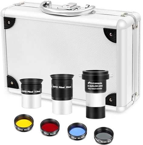 Astromania Telescope Eyepiece Set, 8 Piece Telescope Accessory Kit 1.25inch | Telescope Accessory Kit, Super Plossl Eyepiece Set, Barlow Lens 2X, Moon Filter, 3 Pics Planetary Filter Set, Telescope Case