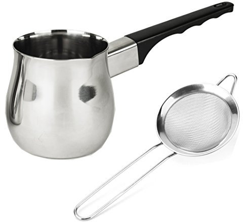 14oz Chai teapot and strainer combo. Turkish coffee pot and fine mesh strainer together for making perfect Prana Chai at home