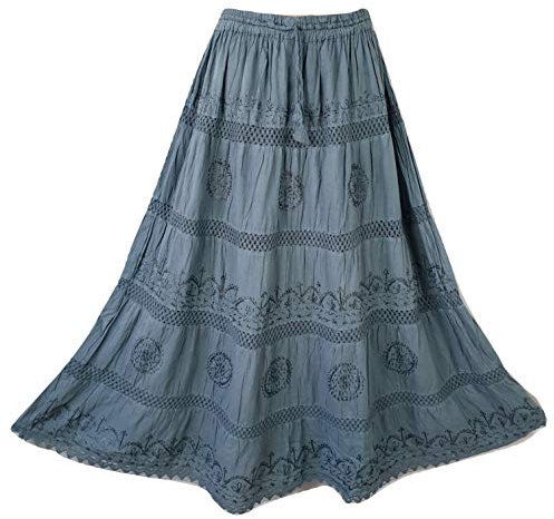 Doorwaytofashion Women Cotton Maxi Full Length Skirt Embroidered Boho Casual Festival Summer UK 10,12,14,16,18 Grey