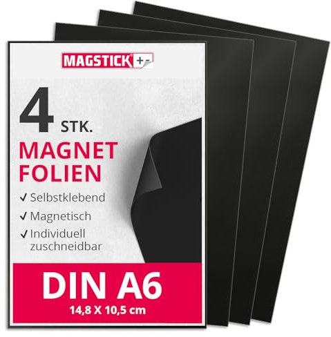 Magstick Magnet-Folie selbstklebend 4 Stück - DIN A6 - mag064 | flexibel selbstklebend zuschneidbar magnetisch beklebbar, zum Basteln ordnen, Stanzen Aufbewahrung Magnetbogen Fotomagnet