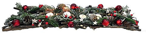 itsisa Großes Adventsgesteck länglich grün/rot - Adventskranz, gemütliche Adventsdeko mit Äpfeln und Tannenzweige
