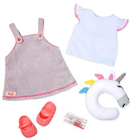 Our Generation – Reise-Outfit – Einhorn-Kissen – 46 cm Puppenkleidung – Fantasiespiel – Spielzeug für Kinder ab 3 Jahren – Einhorn Express