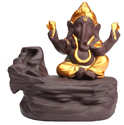 Keramik Rückfluss Räucherstäbchen-Halter - Gold Ganesha Hindu Gott - Backflow Räucherkegel - Edles Design - Handarbeit (11x12x9 cm)