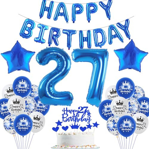 Blau Luftballon 27. Geburtstag Mann Deko - Folienballon, Happy Birthday Girlande Banner, Geburtstagsdeko für 27 Jahre Männer Party Dekorationen