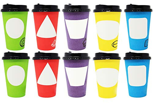 Youngever 70 Set 350ML Disposable Coffee Cups, Durable Paper Cups with Travel Lids, Hot Coffee Cups, Disposable Cups for to Go Travel Mug Office Party Favor (70 Pack Colored Shape)