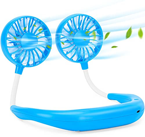 Ventilateur de cou portable rechargeable, mains libres, mini USB, tour de cou, 3 vitesses réglables, rotation libre à 360 degrés, parfait pour le travail, les voyages, le bureau, la lecture (bleu)