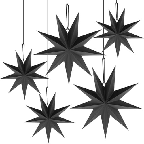 Faltstern Weihnachten, 9 zackig Papier Faltsterne, 5 Stück Schwarz Papiersterne zum Aufhängen, 2x45cm+3x30cm, Papier Weihnachtsstern Dekoration zum Fenster Advent Weihnachtsbaum Neujahrsfest