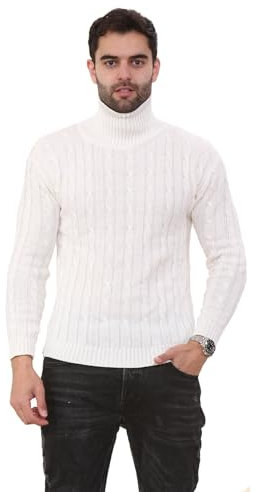 janisramone Mens High Polo Roll Neck Jumper Long Sleeve Cable Knitted Casual Winter Sweater Pullover White