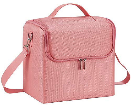 Vanity Case Makeup Storage Box Organiser Travel Train Case Luggage Makeup Case Make Up Beauty Box with Shoulder Strap, Large Size, Pink