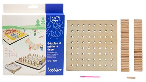 LOOLIPO GEOPLAN & WEBSTATT 2 IN 1-1 Holztablett + 64 Stäbchen + 1 Nadel - 18 x 18 cm - Kreative Kurzwaren - Knäuel & Fäden - Kreativsport - Basteln - Handbeschäftigung - L310070