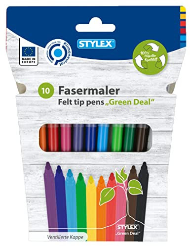 Stylex 64105 - Fasermalstifte aus recyceltem Kunststoff, 2 mm Spitze, mit ventilierter Kappe, 10 Stück
