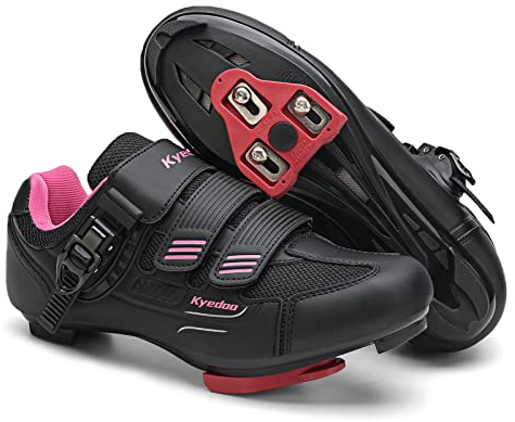 Womens Cycling Shoes Compatible with Peloton Bike Clip in Ladies Indoor Cycling Road Bike Riding Biking Shoes, Pre-Installed Delta Cleats Size 8.5 Black Pink