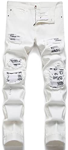 OIIIO Men's Patch Ripped Stretch Regular Fit Jean, 6615-rice White, 32