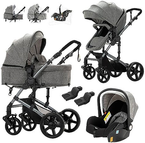 Prokoke Kinderwagen 3 in 1, Kinderwagen Set Einem Klick Faltbar, Kombikinderwagen 3 in 1 mit Umkehrbarem Zwei-Wege-Schub, Buggy Rahmen Aluminiumlegierung Baby Kleinkind Neugeborene (grey 588)