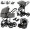 Prokoke Kinderwagen 3 in 1, Kinderwagen Set Einem Klick Faltbar, Kombikinderwagen 3 in 1 mit Umkehrbarem Zwei-Wege-Schub, Buggy Rahmen Aluminiumlegierung Baby Kleinkind Neugeborene (grey 588)