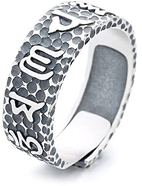 Lllunimon 925 Sterling Silber Vintage konkave Textur mit Ring, Six Character True Word Tibet Ring verstellbar, zarte Amulettring für Männer und Frauen,Matte