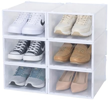 Periea ‘Dani’ Shoe Storage Boxes – Clear Thick Plastic, Stackable Shoe Box with Front & Rear Frames for Extra Rigidity – Thicker than Rival Boxes – 33 x 23 x 13.5cm (Pack of 12)