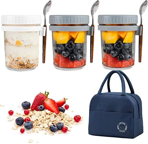 BOJVESH 3Pcs Overnight Oats Breakfast Jars, Reusable 12oz Glass Oatmeal Container with Bag, Lids and Spoons, Large Capacity Airtight Yogurt Container Cups for Cereal Milk Salads Fruit
