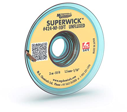MG Chemicals 424-NF-10FT Unfluxed Super Wick Desoldering Braid, 0.06 Width x 10' Length, ESD Safe
