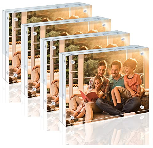 Egofine Magnetischer Bilderrahmen 13 x 18 cm Acrylrahmen 4 Packung,20mm dicker rahmenlose klare schwebende Rahmen,Magnetischer doppelseitiger Fotorahmen,freistehender Desktop