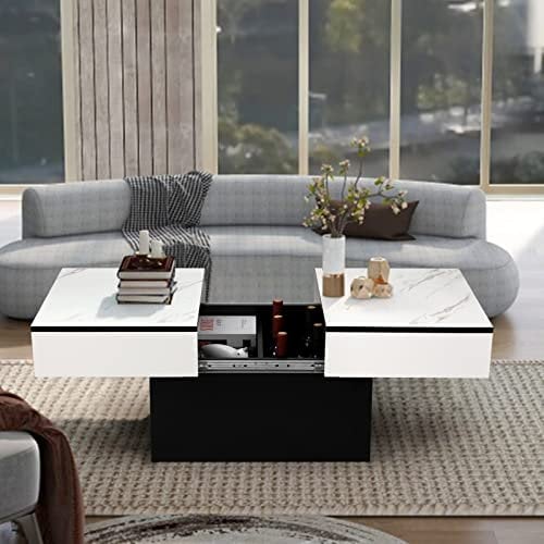 VOWNER Couchtisch, Moderner Couchtisch, Ausziehbarer Schreibtisch, Wohnzimmertisch mit 2 Stauräume, Hochglanz-Finish, Wohnzimmer Tisch 129 x 58 x 40 cm(Weiße Marmorierung)