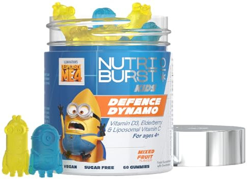 Nutriburst Minions Defence Dynamo Vitamins for Kids - Chewable Vitamins for Immunity & Energy - Vitamin D3, Vitamin C + Black Elderberry Extract - Vegan + Sugar Free - Fruity Flavour - 60 Gummies