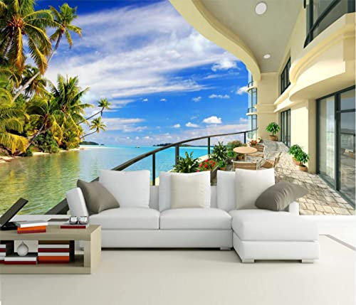 Papel Pintado 3D Balcon Mar Playa Papel Tapiz Fotomurales Moderno Murales -310310 150x105cm
