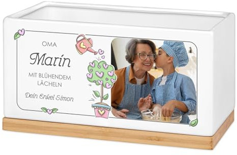 Maverton Blumentopf mit Aufdruck - Pflanzentopf aus Keramik + Untersetzer aus Bambusholz - Küche Dekoration - Blumenkübel für Frauen - zum Geburtstag - zum Einzug - Weiß - Lächeln