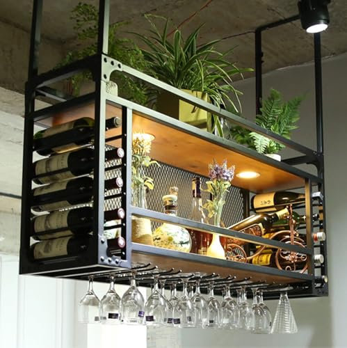 Ywanwj Decken Weinregale Mit Weinglashalter - Weinregal Metall Schwarz Hängend Deckenregal Hängende Küchenbar Holz Metall Hängendes Regal Becherhalter Weinschrank