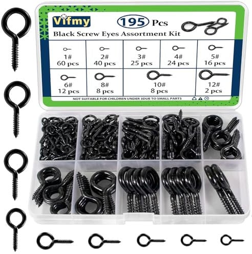 Vifmy Screw Eyes Assortment Kit(195Pcs),0.75 0.78 0.90 1 1.1 1.18 1.39 1.57 1.75 Zinc Plated Eyelet Screws,Metal Small Tapping Screw Hooks Ring,Black
