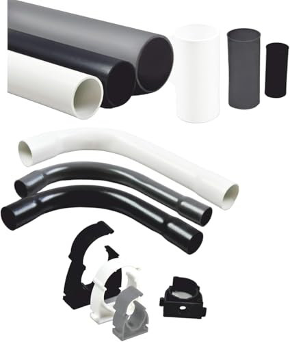 PVC Installationsrohr M16, 15 Meter Kabelrohr starr + 14x Muffen, 3x Rohr Bogen 90°, 10x Klemmschelle, Weiß