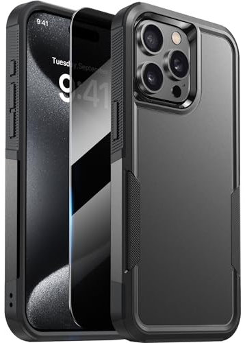 Diaclara für iPhone 15 Pro Max Hülle mit Panzerglas Sichtschutz [Militärische Fallschutzklasse] Hochbelastbare, stoßfeste Handyhülle, Schwarz
