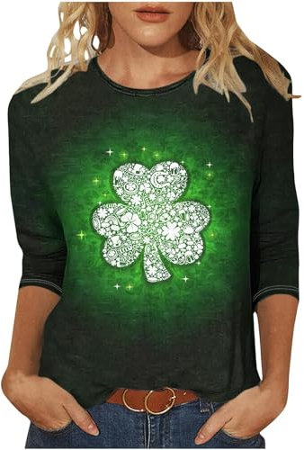 Damen Pullover St. Patrick's Day 3/4 Arm Tshirt Irischer Kleeblatt Druck Bluse Regular Fit Oberteile Casual Tunika Basic Shirt Gnom Wichtel Tee Tops Langarmshirt Rundhals Pulli T-Shirt Blusen