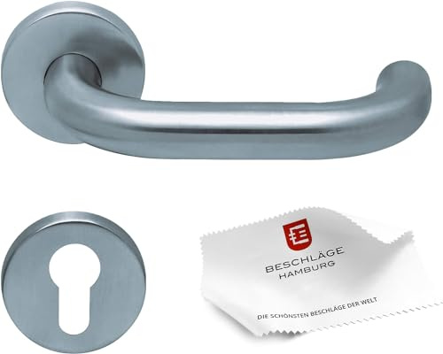Beschläge Hamburg Türgriffe Türbeschlag scoop Form 1104 — Türklinken mit PZ Rosetten für Profilzylinder — Drückergarnitur/Türdrücker für Innentüren, rund, Edelstahl matt