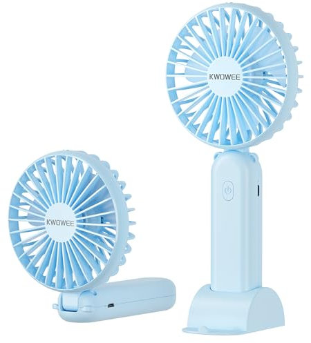 KWOWEE Handheld Fan, Handheld Protable Rechargeable Fan with 3 Speed, Desk Handheld Electric Fans with USB Charging Port, Small USB Rechargeable Fans with 90° Folding for Home Office Travel (Blue)