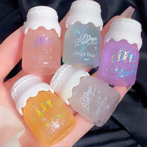 EONFAVE Fruit Lipgloss Set, 5 Farben Schimmer Lip Gloss, Pflegende Glanz Lip Oil, Transparenter Lippenöl für Lippenfältchen Aufhellen for Lip Care and Dry Lips, Lang Anhaltende Feuchtigkeit