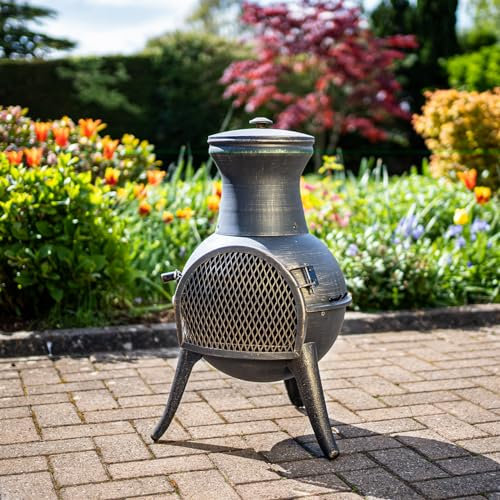 El Clasico Chimenea – Weatherproof Bronze Effect Metal Outdoor Garden Patio Heater Log Wood Burner Fire Pit Bowl Centrepiece with Mesh Door & Fuel Grate – Measures H69 x 38cm Diameter
