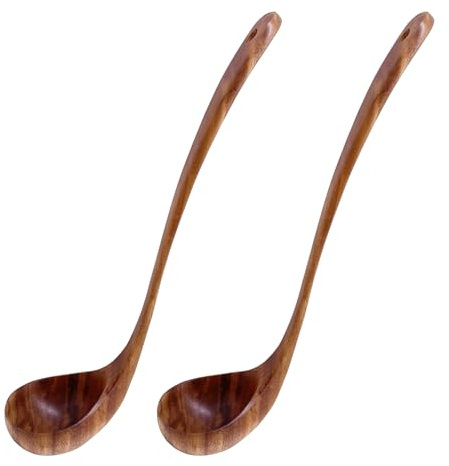 UPTALY 2 pcs Teak Wood Ladles with Long Handle (13.4 inch x 3.1 inch), Large, Handmade, for Deep Pot, Tall Vessels, Big Stockpots, Japanese Minimalist Cooking Spoon, for Serving Soup, Stew, Sauce