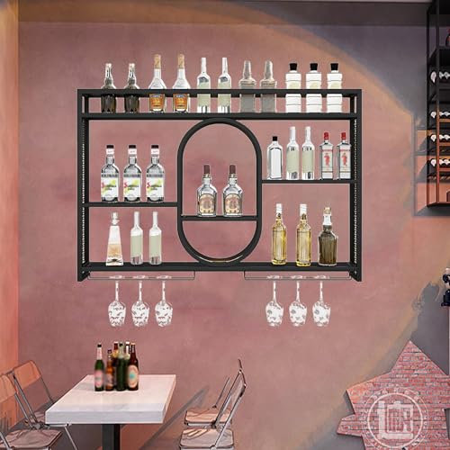 Industrielles Weinregal Zur Wandmontage Mit Beleuchtung, Eisen Weinregal Für Die Bar, Weinflaschenhalter, Wand Flaschenhalter, Hängend Küchenregal, Weinregal Für Weinliebhaber(Black,160x15x80cm)