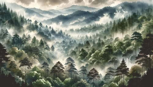 UNIK Nordic Vliestapete, BxH 150x250 cm, Tannenwald, Tapete Bäume, Fototapete Wohnzimmer Wälder und Berge, XXL Motivtapete in dunklen Farben, Waldlandschaft mit Nebel, Design Tapete Made in Germany