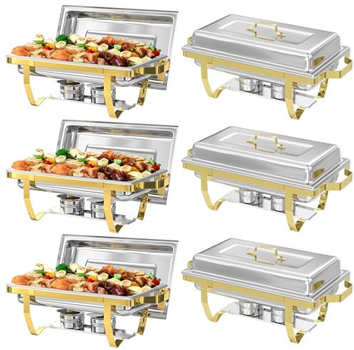 IMACONE Chafing Dish Buffet Sets of 6, 8QT Stainless Steel Rectangular Chafers and Buffet Warmer Sets for Catering, with Food & Water Pan, Lid, Gold Foldable Frame, Fuel Holder for Event Party Holiday
