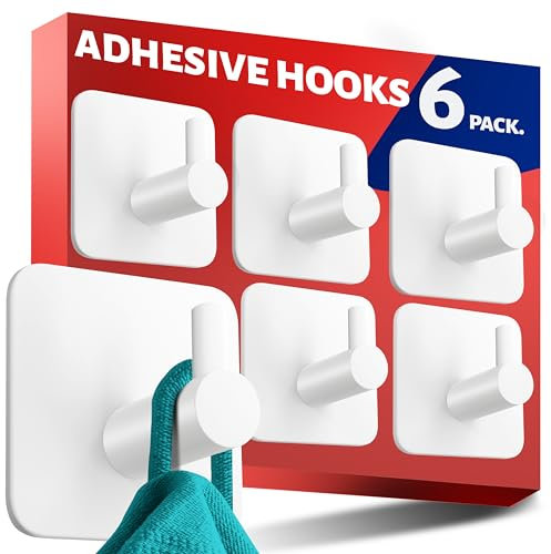 Menz Self Adhesive Hooks, Set of 6 – White Stick on Hooks Waterproof, Strong Sticky for Hanging Towels and Bathrobes in Bathroom, Tea Towel Holder