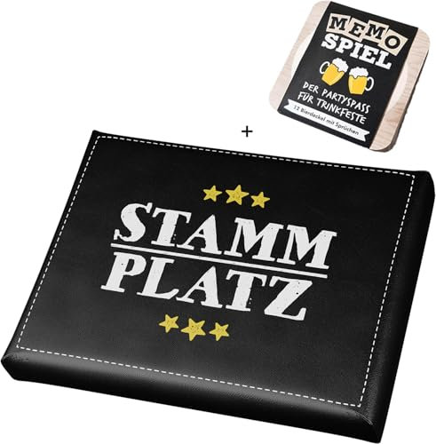 CULT at home Bierkastensitz Stammplatz inkl. Bierdeckel Memospiel – Bierkasten Aufsatz Gartenhocker Hocker Balkon - Geschenkset Camping für Männer Bierkisten Sitzauflage – Geschenk Vatertag 44 x 34 cm
