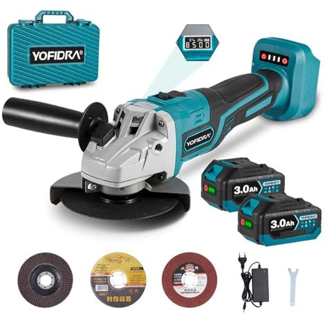 Yofidra Akku Winkelschleifer mit Digitalanzeige, Ø125mm, 3 Gang, 8500RPM Bürstenloser Winkelschleifer mit 2 3.0Ah Akkus, 3 Schneidemesser, Kabellos Winkelschleifer für Schneiden Schleifen Polieren