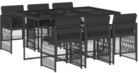 vidaXL Garten Essgruppe 7-TLG., Gartenmöbel Set Tisch mit Glasplatte 6 Stühle, Gartengarnitur mit Kissen, Sitzgruppe Terrasse, Schwarz Poly Rattan