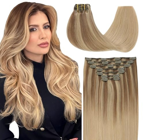 SURNEL Clip in Extensions Echthaar 20Zoll 50cm Hellbraun mit Goldblond Invisible Clip Extensions Echthaar Extensions Remy Echthaar Extensions 160g 7 Stück(7C#101616-20Zoll)